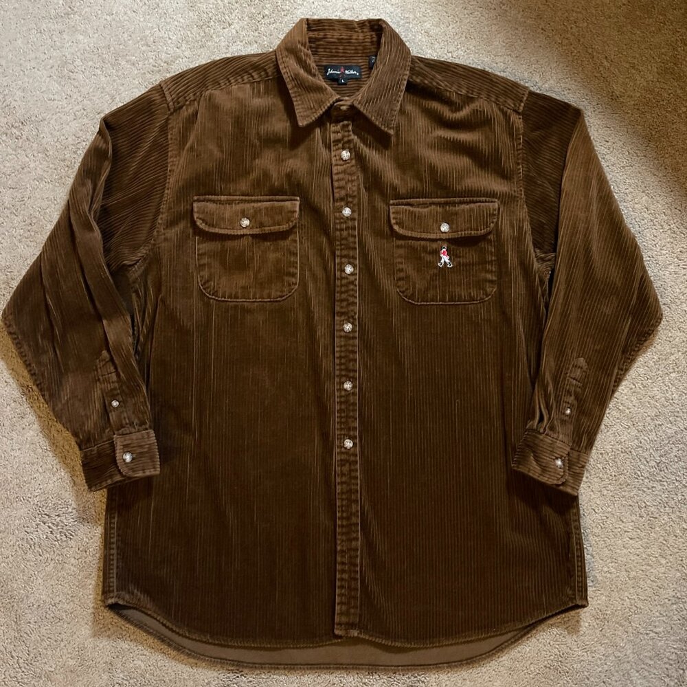 Vintage JOHNNIE WALKER Mens L Brown Wide Corduroy 100% Cotton Embroidered Shirt